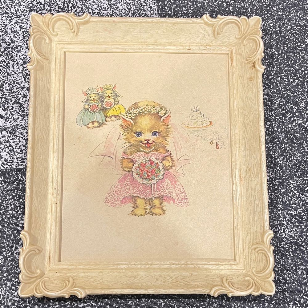 Vintage Cat Wedding Art in Ornate Frame